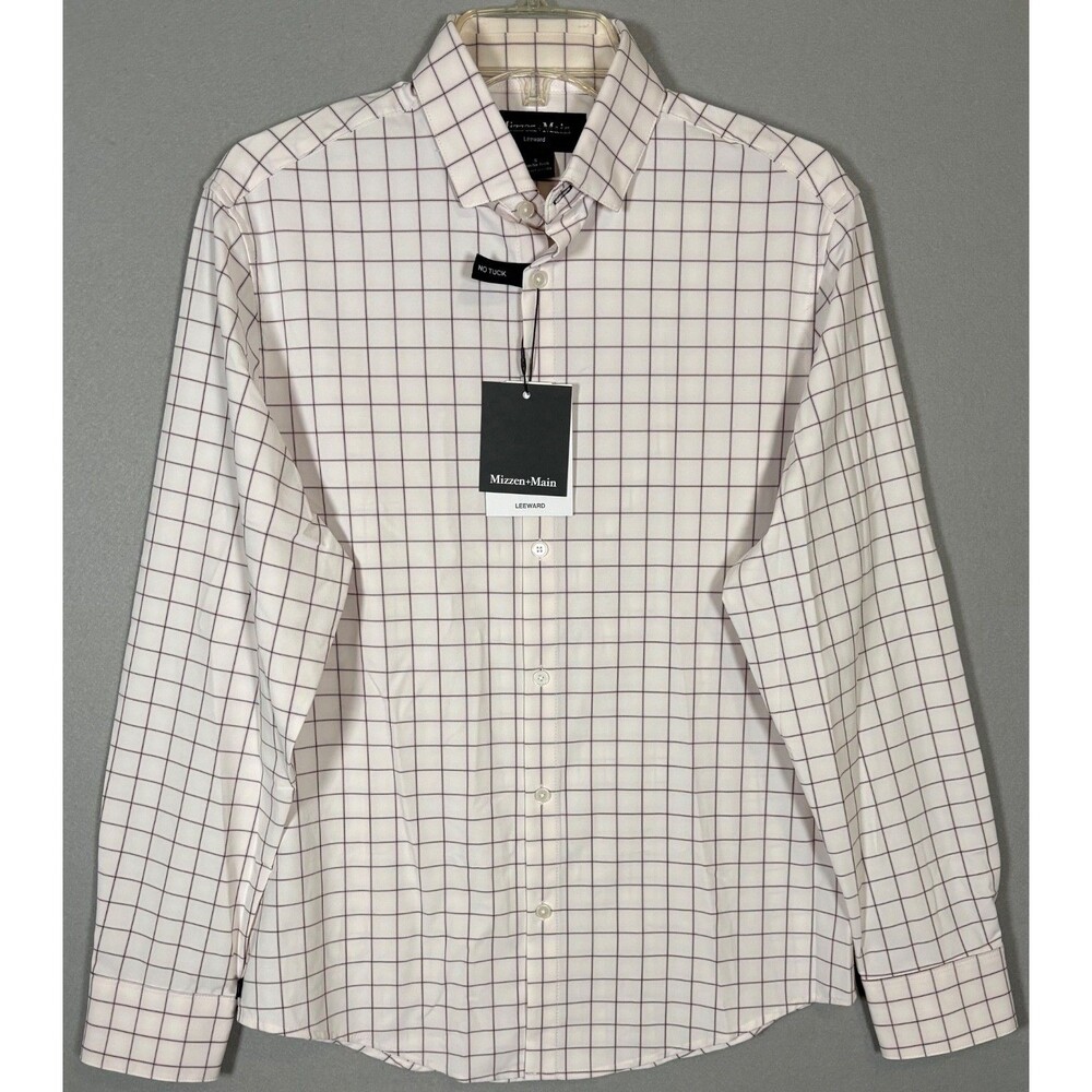 NWT Mizzen Main Leeward Shirt Mens S Trim Fit White Burgundy Plaid Performance